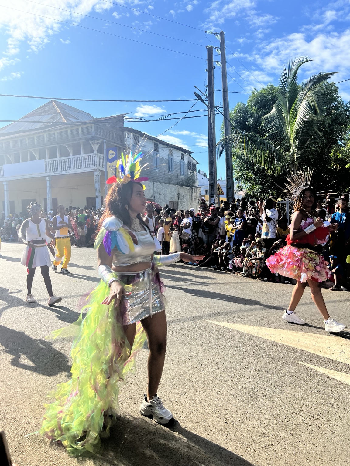 Participante au carnaval Sômarôho vêtue d’un costume de plumes colorées